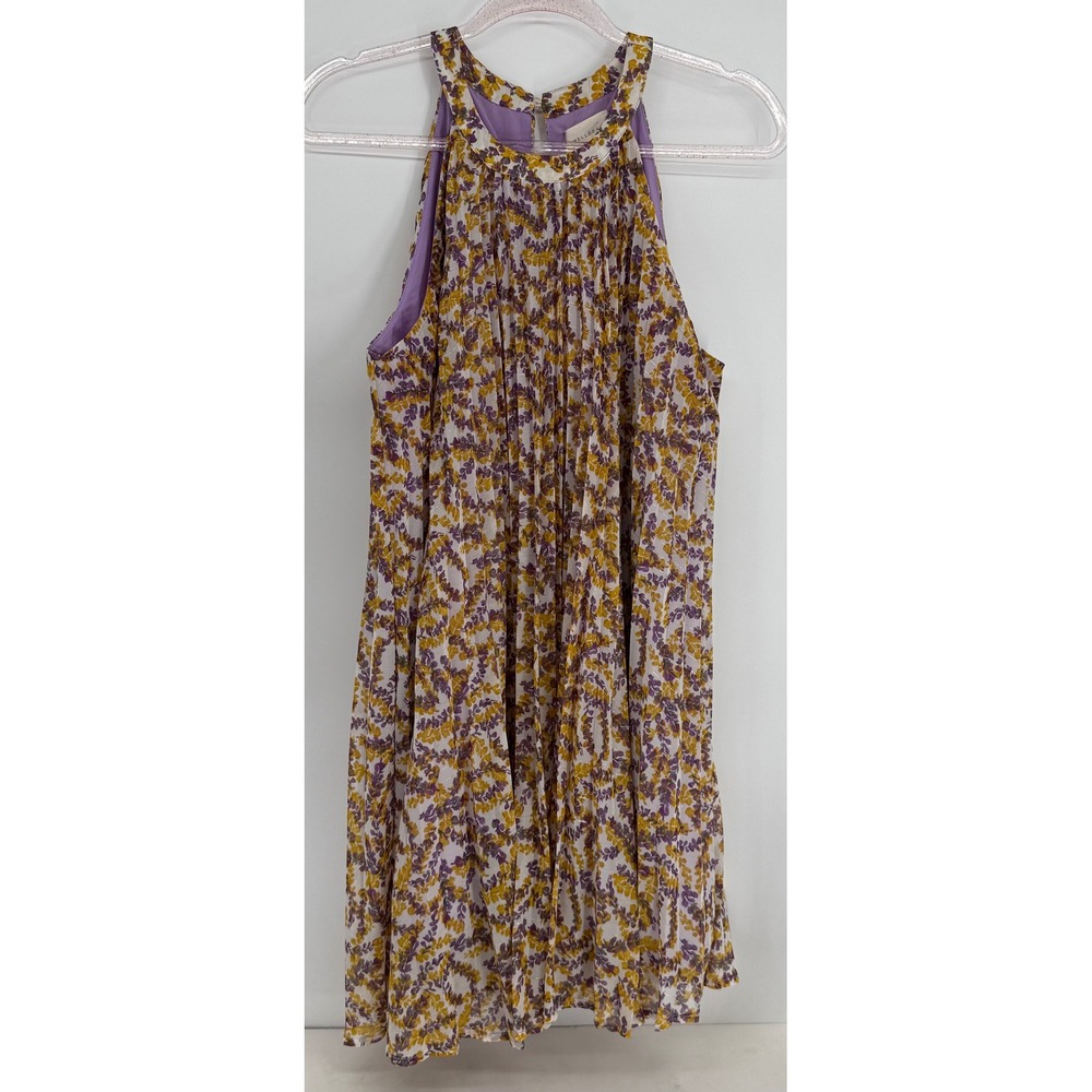 Melloday Women Purple Yellow Floral Pleated Halter Swing Mini Dress Sz L